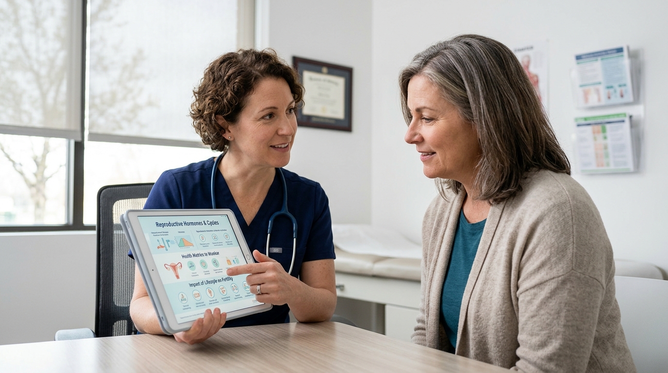Consulta médica y análisis de gráficos de salud reproductiva en un consultorio