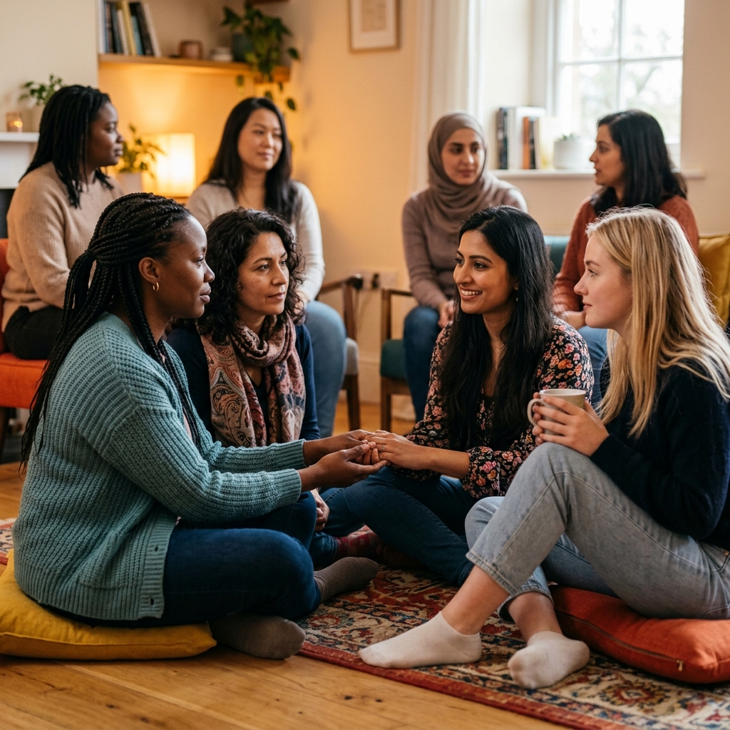 Grupo de mujeres compartiendo apoyo en un espacio seguro y empático