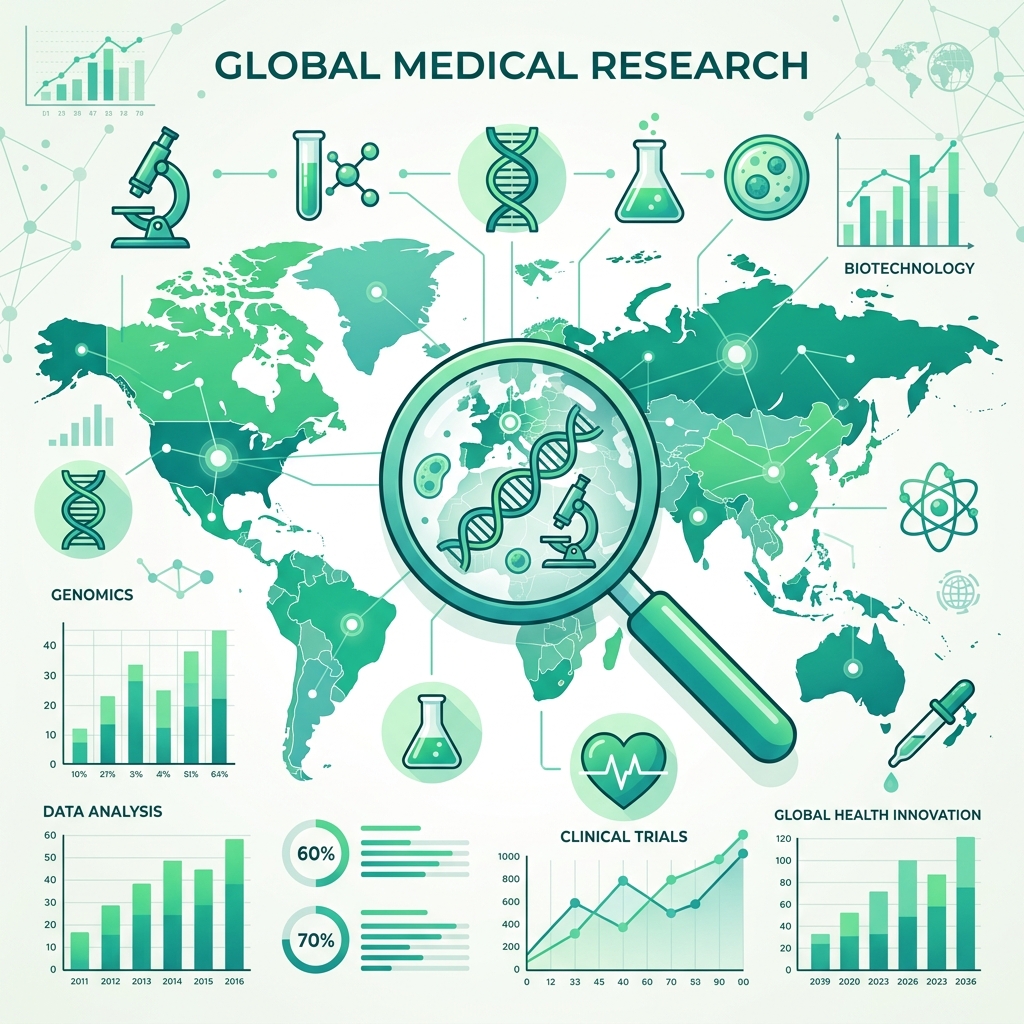 Mapa global con iconos de investigación médica, gráficos y lupa representando estudios internacionales