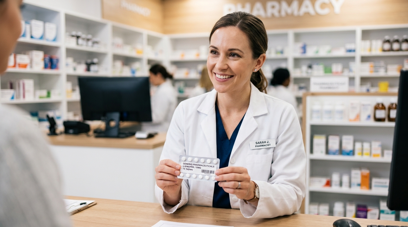 Farmacéutico mostrando un blíster de medicamento genérico en una farmacia limpia