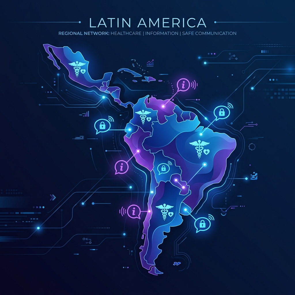 Mapa estilizado de América Latina con iconos modernos que representan salud pública e información