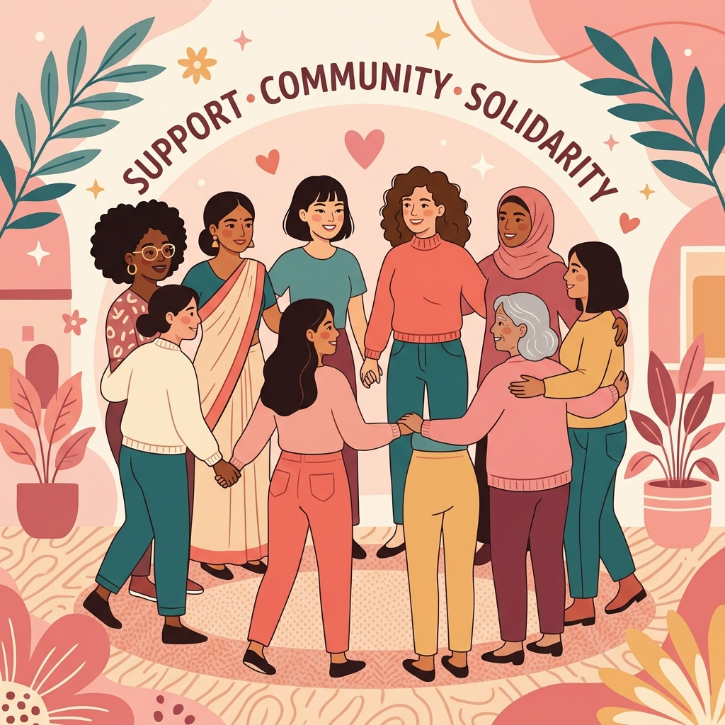 Grupo de mujeres diversas sosteniéndose de las manos en señal de apoyo y solidaridad comunitaria
